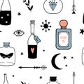 Vector witch seamless pattern with magic cartoon bottles