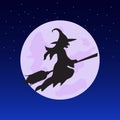Vector witch silhouette over the Moon. Halloween illustration of mysterious night with full moon. Royalty Free Stock Photo