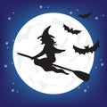 Vector witch silhouette over the Moon. Halloween illustration of mysterious night. Royalty Free Stock Photo
