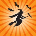 Vector witch silhouette over the Moon. Halloween illustration of mysterious night with full moon. Royalty Free Stock Photo