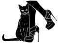 Witches feet in striped socks and shoes and a black cat black silhouette