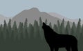 Vector wolf silhouette in landscape with forest