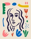 Vector woman art poster. Matisse inspired hand drawn contemporary portrait for print wall art decor, retro style