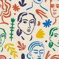 Vector woman art seamless pattern, background. Matisse inspired hand drawn contemporary portraits, flowers and abstract Royalty Free Stock Photo