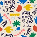 Vector woman art seamless pattern, background. Matisse inspired hand drawn contemporary women portraits, flowers and Royalty Free Stock Photo