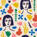 Vector woman art seamless pattern, background. Matisse inspired hand drawn contemporary women portraits, flowers and Royalty Free Stock Photo