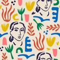 Vector woman art seamless pattern, background. Matisse inspired hand drawn contemporary women portraits, flowers and Royalty Free Stock Photo