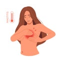 Vector woman with breast pain and fever as symptoms of mastitis. Female problem of breastfeeding. Sick girl holding her