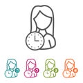 Vector Woman with Clock icons in thin line Style and flat Design. Royalty Free Stock Photo
