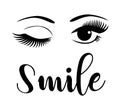 Vector woman face, eyes with long lashes, smile text.