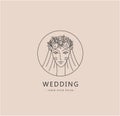 Vector woman face logo, bride, wedding linear minimal sign. Beauty, lady with veil and floral wreath linear illustration