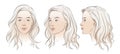 Vector woman face. Set of three different angles. Different view front, profile, three-quarter of a girl face.