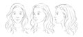 Vector woman face. Set of three different angles. Different view front, profile, three-quarter of a girl face. Royalty Free Stock Photo