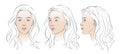 Vector woman face. Set of three different angles. Different view front, profile, three-quarter of a girl face. Royalty Free Stock Photo