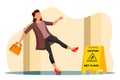 Vector woman falling on wet floor in corridor