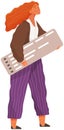 Vector woman in flat style icon. Person holds sheet of paper with information in hand under his head