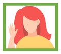 Vector woman in flat style icon. Red-haired girl shows stop gesture or holds a greetings hand Royalty Free Stock Photo