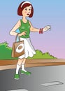 Vector of a woman hitchhiking at roadside