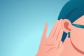 Vector of a woman holds her hand near ear and listens carefully isolated on blue Royalty Free Stock Photo