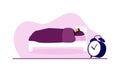 Vector of woman lying in bed asleep with giant alarm clock