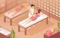 Vector of a woman lying on a table while therapist doing healing massage on a sore back