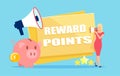 Vector of a woman with megaphone and piggy bank making an announcement of a customer reward program