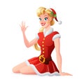 Vector woman in red Christmas Santa outfit greeting and waving.