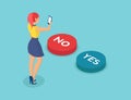 Vector of a woman with smartphone making an yes or no choice in an online poll