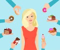 Vector of a woman trying to resist not to eat junk sweet food offered by many people