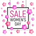 Vector Womens day black frame sale text on white background with paper light pink - red flowers.