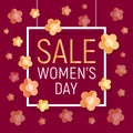 Vector Womens day white paper frame sale text on red background with paper bright yellow - orange flowers.