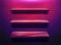 Vector wood shelf on brick wall background, neon light Royalty Free Stock Photo