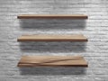 Vector wood shelves on white brick wall