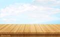 Vector wood table top on nature background.blue sky with white clouds.realistic wooden table, 3d. Element for your design, Royalty Free Stock Photo