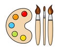 Vector wooden art palette with blobs of paint and brushes Royalty Free Stock Photo