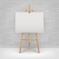 Vector Wooden Brown Sienna Easel with Mock Up Empty Blank Horizontal Canvas Standing on Floor in front of Wall Royalty Free Stock Photo