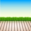 Vector wooden floor with grass, sky