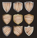 Vector wooden and metal shield protected steel icon sign set lay