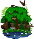 Vector woodland green forest and lake with animals