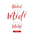 Vector words mini midi maxi length for clothes