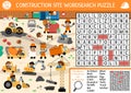 Vector wordsearch puzzle for kids with construction site landscape. Word search quiz with workers, tools, industrial vehicles.