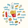 Vector work for flyers and menus. Fast food, french fries, hamburger, cheese, muffins, donuts, ice