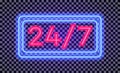 Vector work time 24 7 sign neon light style with colorful frame Royalty Free Stock Photo