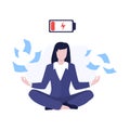 Vector worker girl or business woman in suit sitting on floor in lotus pose with flying around documents, dead battery above head Royalty Free Stock Photo