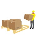 Vector of worker lifting box in store