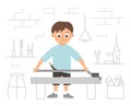 Vector working boy. Flat funny kid character doing measurements with tape-measure on work bench on workshop background.