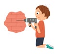 Vector working boy. Flat funny kid character drilling a brick wall with a drill. Craft lesson illustration.