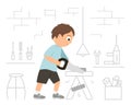 Vector working boy. Flat funny kid character sawing wood with a saw on work bench on workshop background.