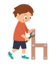 Vector working boy. Flat funny kid character screwing a screw in a wood chair with a screwdriver.