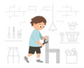 Vector working boy. Flat funny kid character screwing a screw in a wood chair with a screwdriver on workshop background.